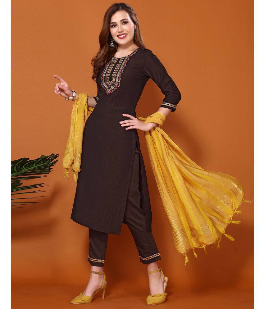     			Skylee Chiffon Embroidered Kurti With Pants Women's Stitched Salwar Suit - Brown ( Pack of 1 )