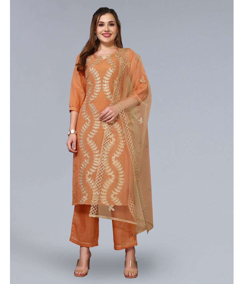     			Skylee Chiffon Embroidered Kurti With Pants Women's Stitched Salwar Suit - Orange ( Pack of 1 )