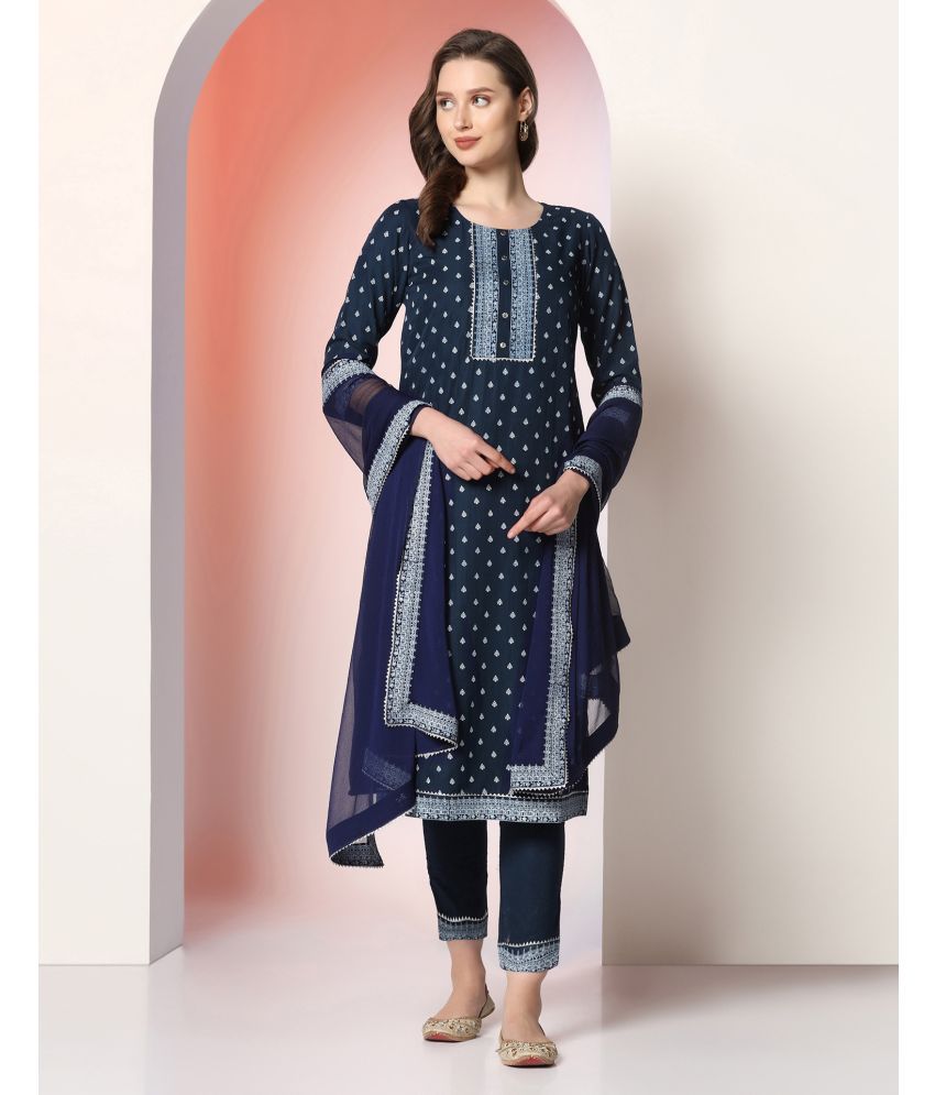     			Skylee Chiffon Printed Kurti With Pants Women's Stitched Salwar Suit - Navy ( Pack of 1 )