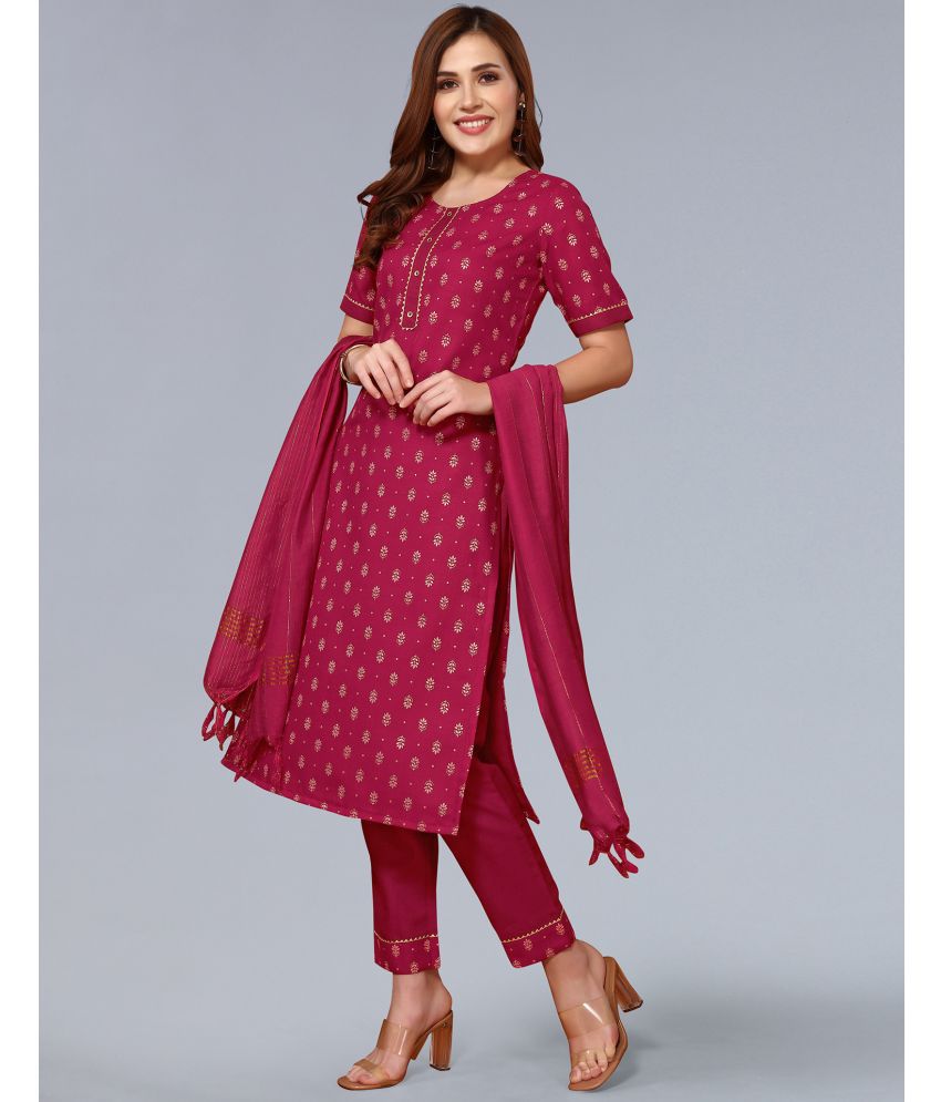     			Skylee Cotton Printed Kurti With Pants Women's Stitched Salwar Suit - Magenta ( Pack of 1 )