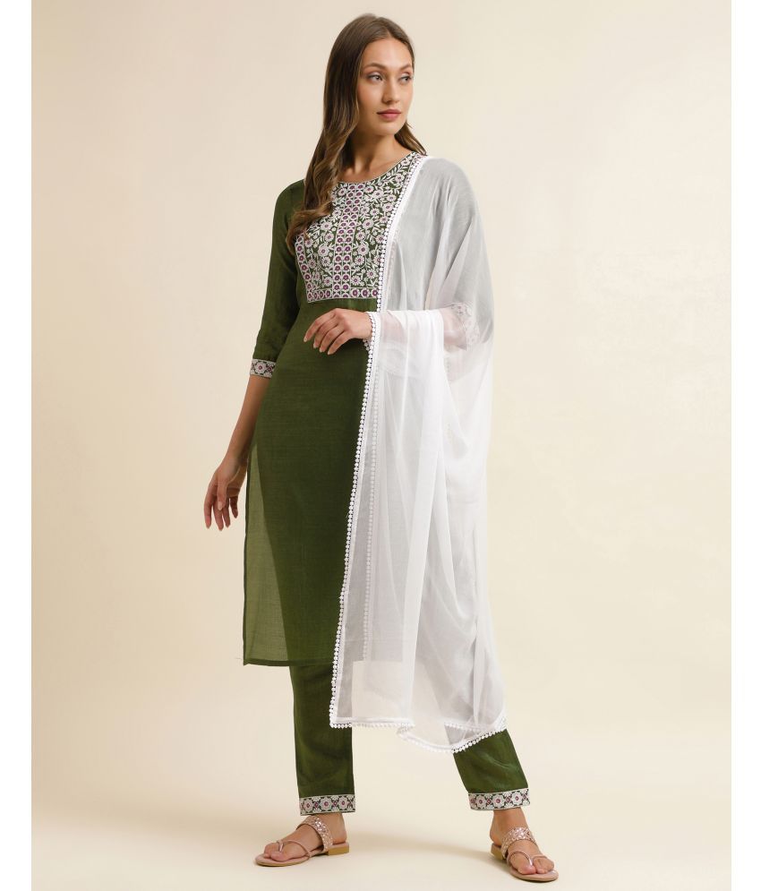     			Skylee Silk Embroidered Kurti With Pants Women's Stitched Salwar Suit - Green ( Pack of 1 )