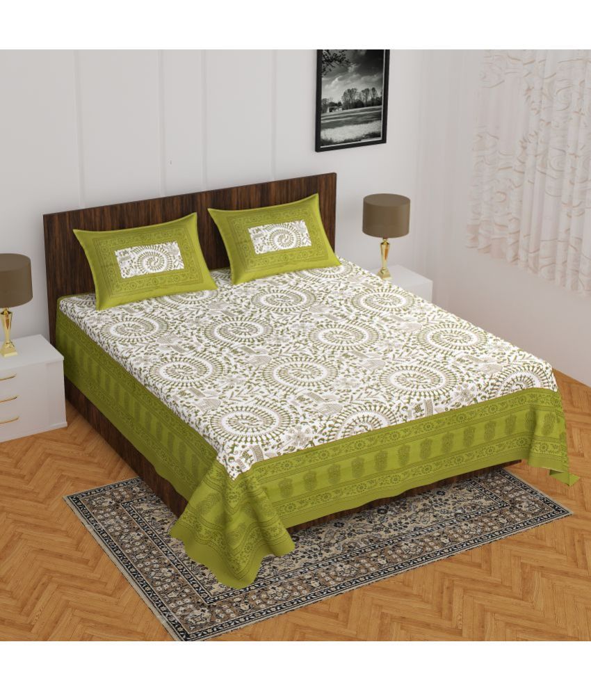    			CLOTHOLOGY Cotton Tribal 1 Double Bedsheet with 2 Pillow Covers - Light Green