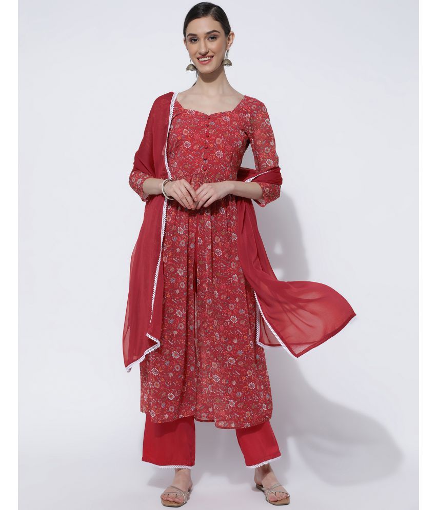     			Skylee Georgette Printed Kurti With Pants Women's Stitched Salwar Suit - Red ( Pack of 1 )