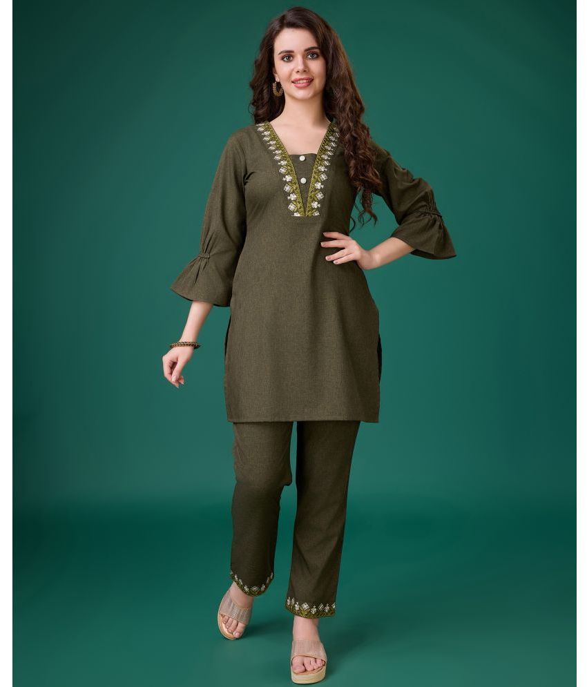     			MOJILAA Olive Embroidered Pant Top Set