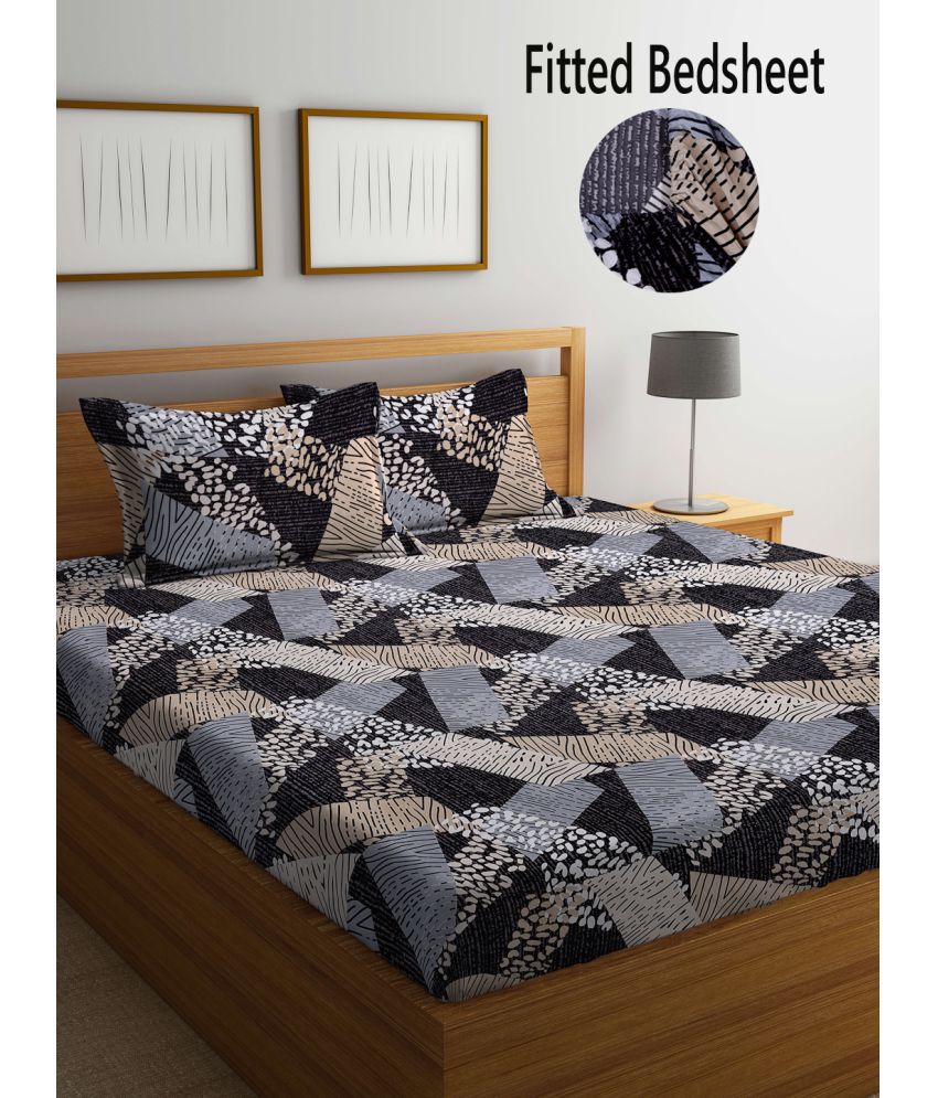     			FABINALIV Poly Cotton Abstract Fitted Fitted bedsheet with 2 Pillow Covers ( King Size ) - Black