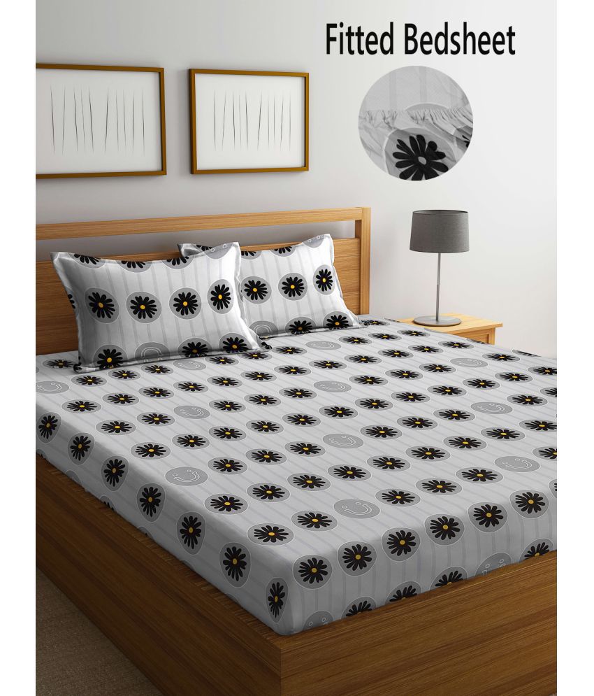     			FABINALIV Poly Cotton Floral Fitted Fitted bedsheet with 2 Pillow Covers ( King Size ) - Light Grey