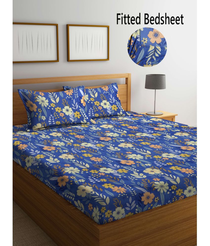     			FABINALIV Poly Cotton Floral Fitted Fitted bedsheet with 2 Pillow Covers ( King Size ) - Blue