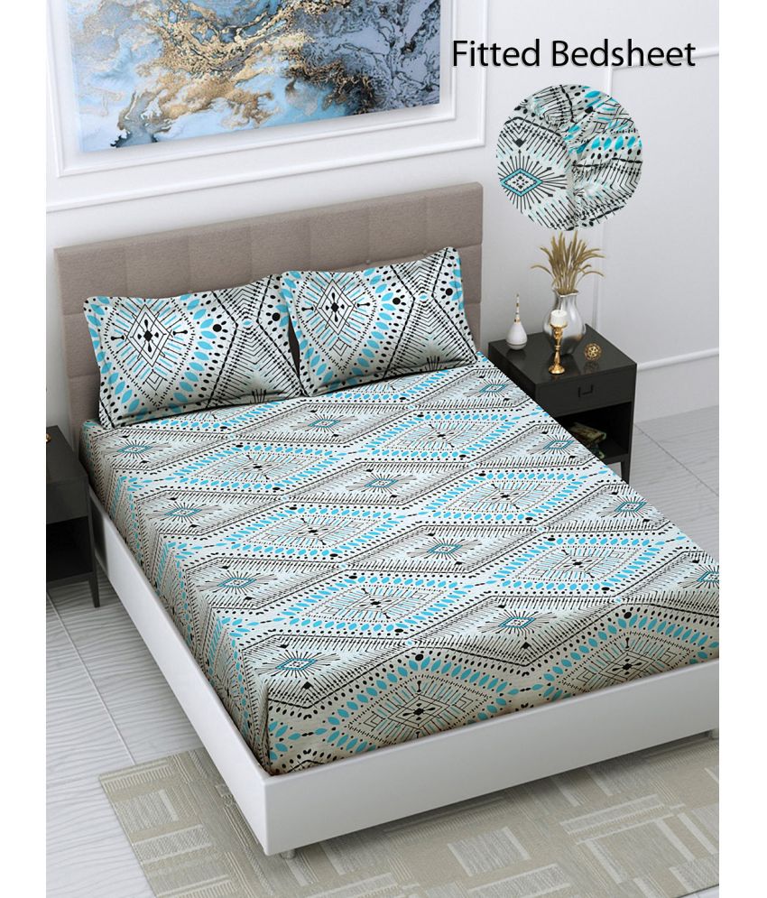     			FABINALIV Poly Cotton Geometric Fitted Fitted bedsheet with 2 Pillow Covers ( King Size ) - Turquoise