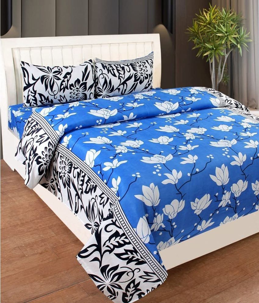    			HOMETALES Microfiber Floral 1 Double Bedsheet with 2 Pillow Covers - Blue