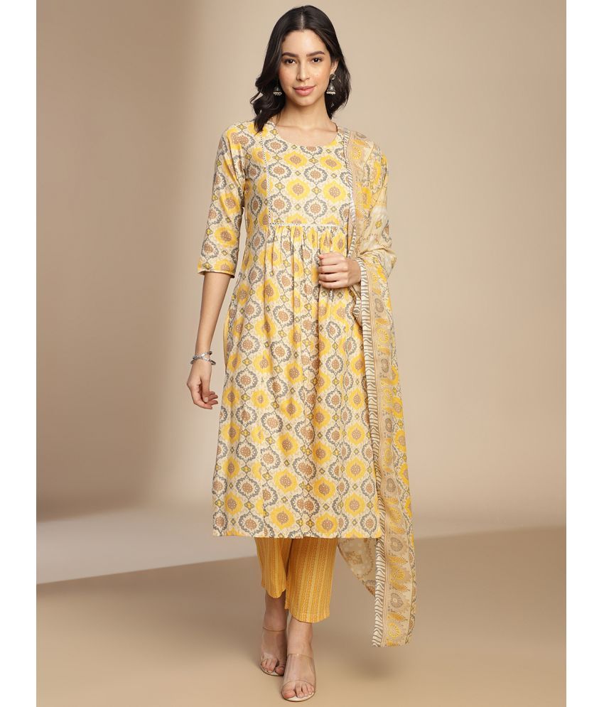     			Hritika Cotton Blend Printed Ethnic Top With Salwar Women's Stitched Salwar Suit - Yellow ( Pack of 1 )