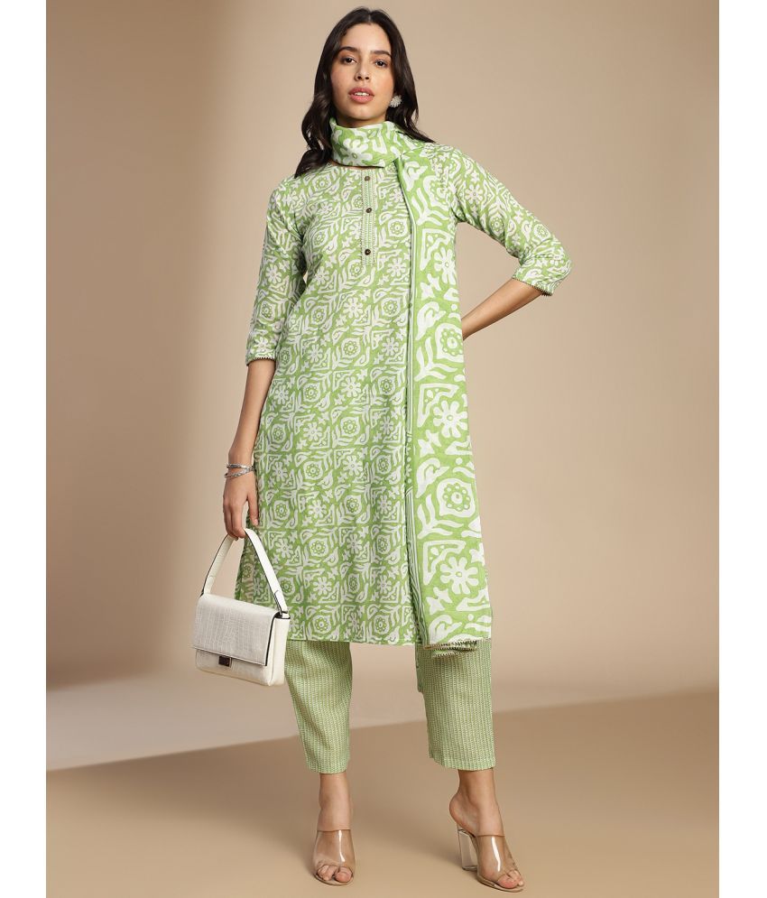     			Hritika Cotton Blend Printed Kurti With Pants Women's Stitched Salwar Suit - Green ( Pack of 1 )