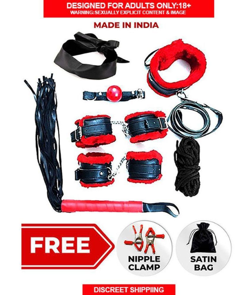     			Kamuk Life Black And Red Leather Sex Toy  BDSM Bondage Kit for Adult party dildo fun, honeymoon couples, SM Domination, sexy fun Adult vibrator gifting includes Handcuffs nipple clamps flogger blindfold mouth gag ankle cuff neck collar  total-8 pcs