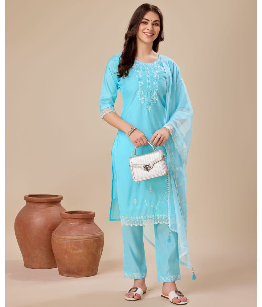     			MOJILAA Silk Embroidered Kurti With Pants Women's Stitched Salwar Suit - Light Blue ( Pack of 1 )