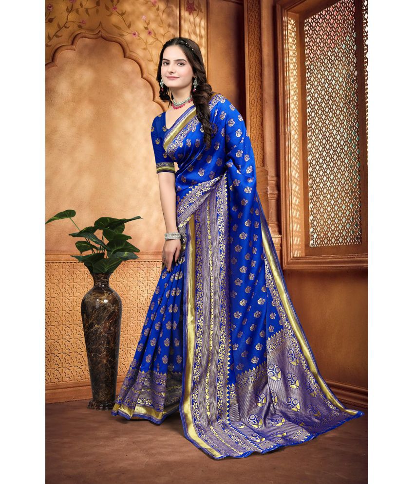    			Om Shantam Sarees Kanjivaram Silk Self Design Saree With Blouse Piece - Blue ( Pack of 1 )