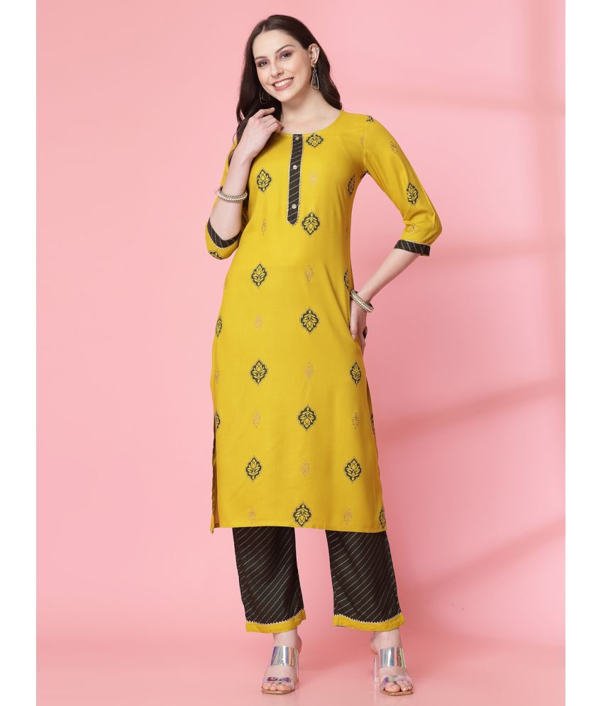     			Pistaa Viscose Printed Kurti With Palazzo Women's Stitched Salwar Suit - Yellow ( Pack of 1 )