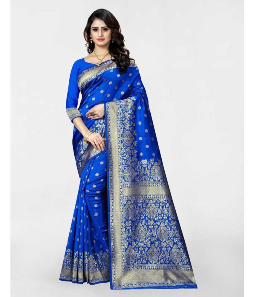     			Samah Art Silk Embellished Saree With Blouse Piece - Blue ( Pack of 1 )