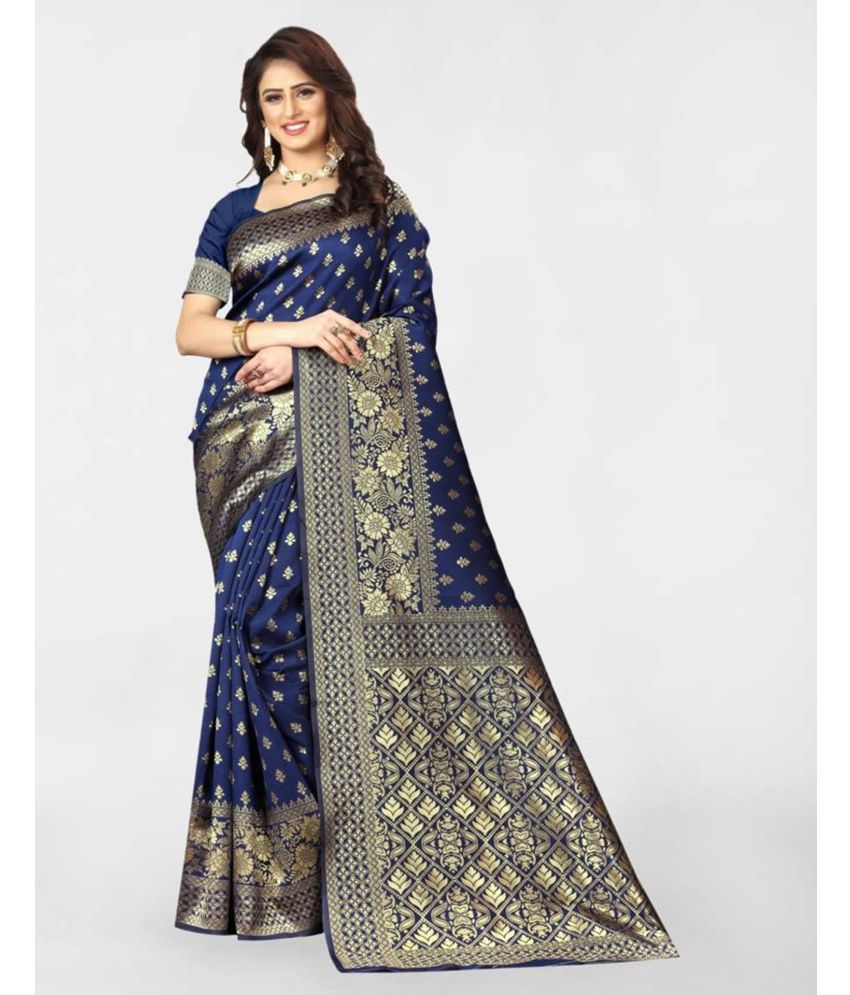     			Samah Art Silk Embellished Saree With Blouse Piece - Navy Blue ( Pack of 1 )