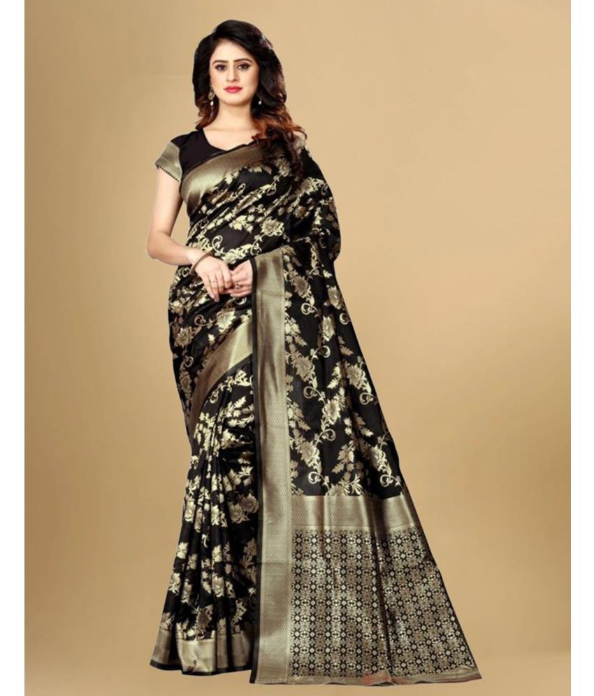     			Samah Art Silk Woven Saree With Blouse Piece - Black ( Pack of 1 )