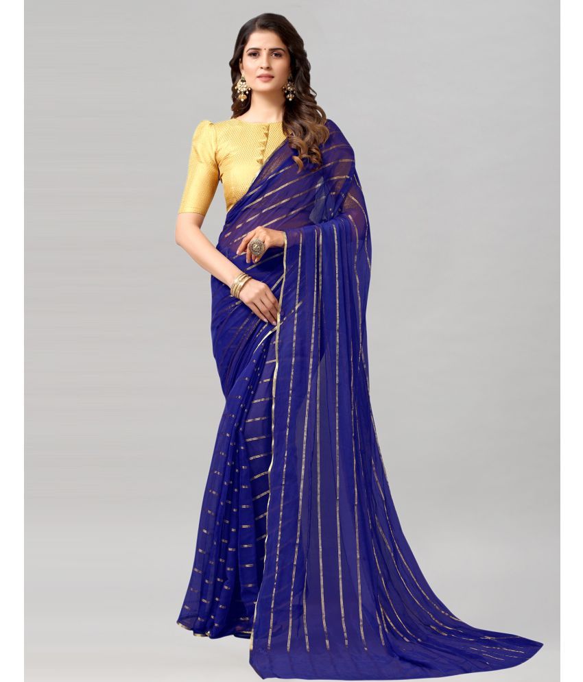     			Samah Chiffon Striped Saree With Blouse Piece - Blue ( Pack of 1 )