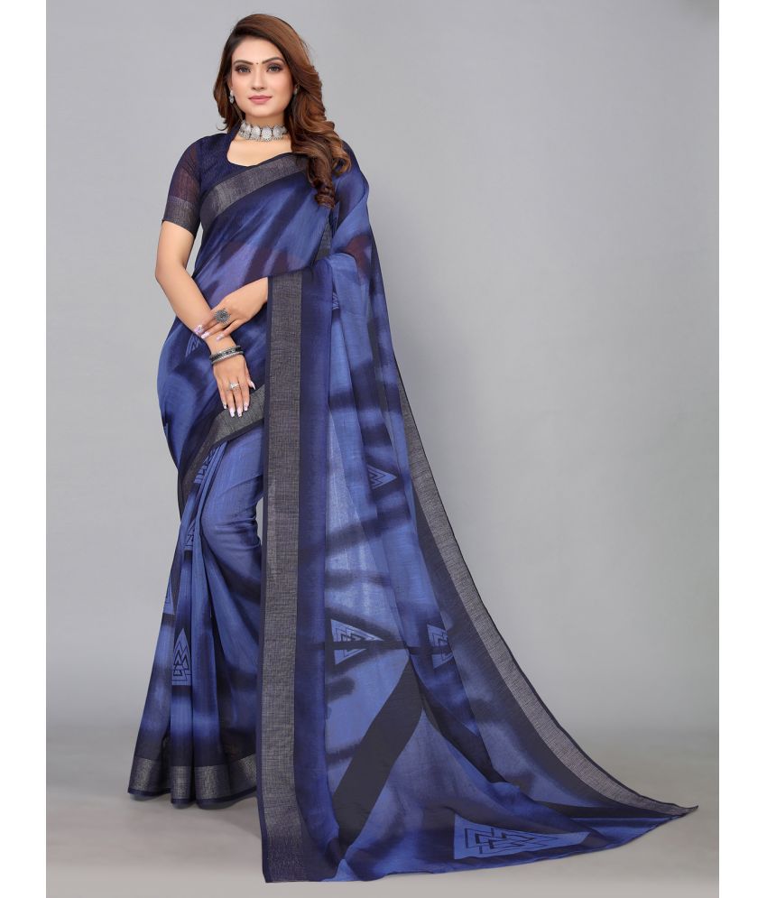     			Samah Cotton Printed Saree With Blouse Piece - Navy Blue ( Pack of 1 )