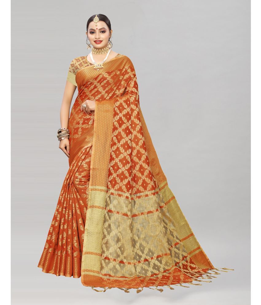     			Samah Cotton Silk Embellished Saree With Blouse Piece - Orange ( Pack of 1 )