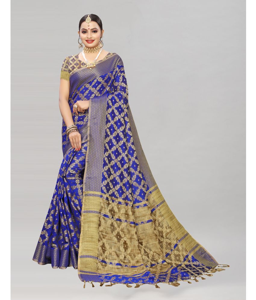    			Samah Cotton Silk Embellished Saree With Blouse Piece - Blue ( Pack of 1 )