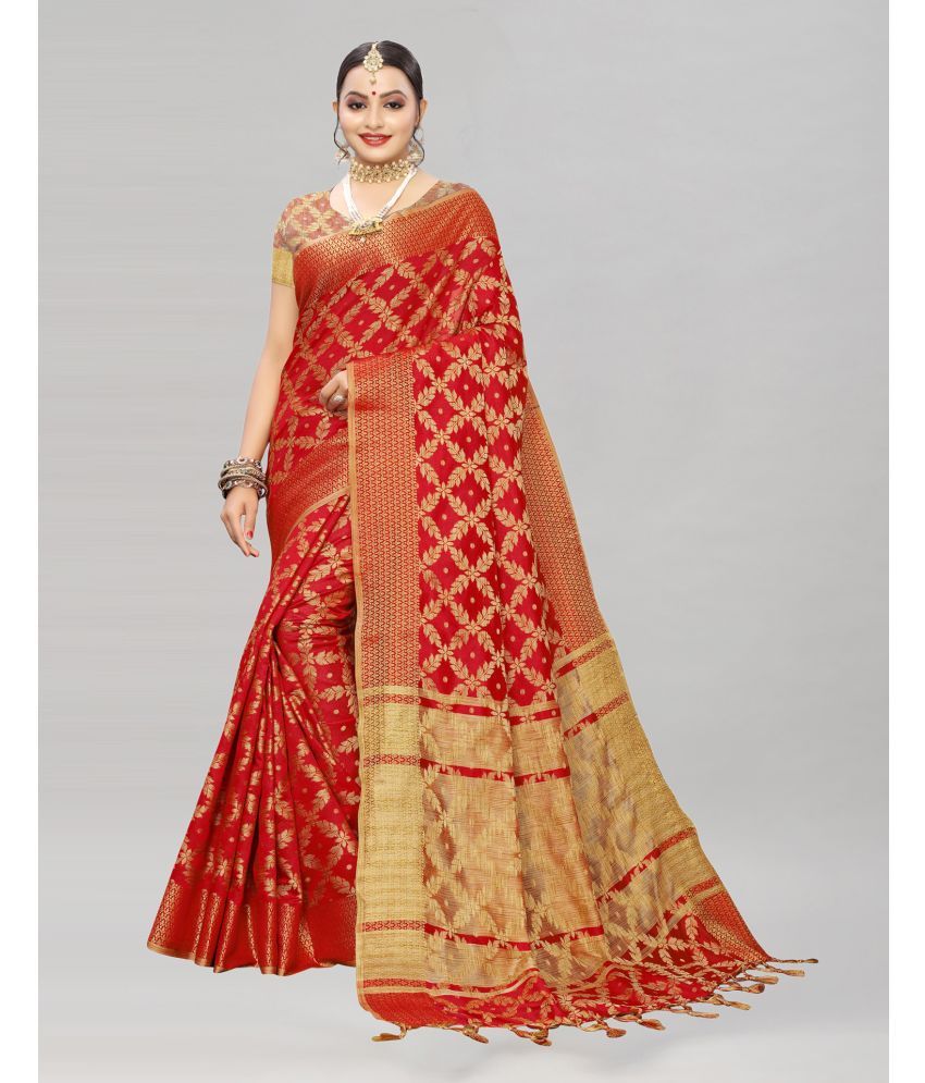     			Samah Cotton Silk Embellished Saree With Blouse Piece - Red ( Pack of 1 )