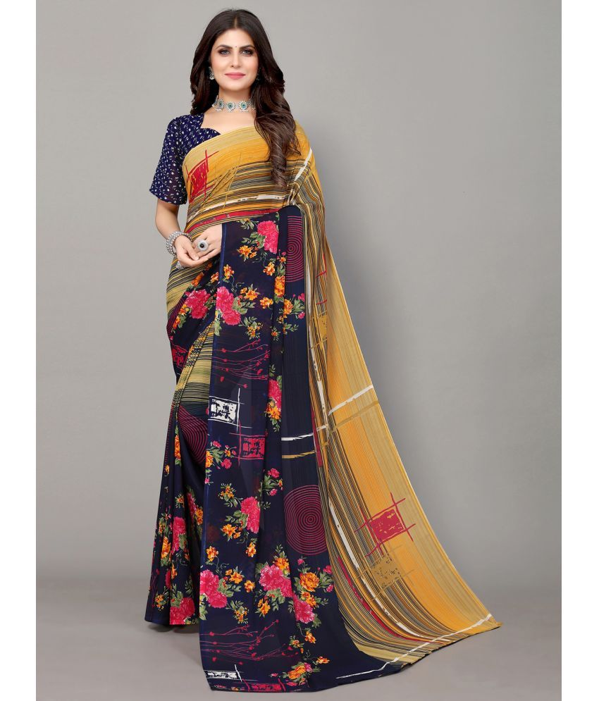     			Samah Georgette Printed Saree With Blouse Piece - Navy Blue ( Pack of 1 )