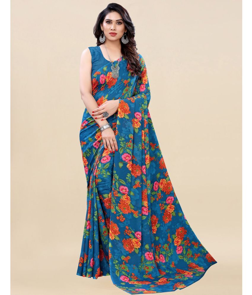     			Samah Georgette Printed Saree With Blouse Piece - Blue ( Pack of 1 )