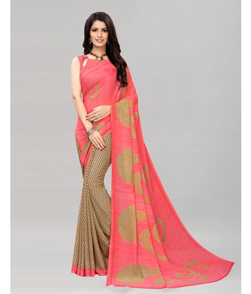     			Samah Georgette Printed Saree With Blouse Piece - Peach ( Pack of 1 )