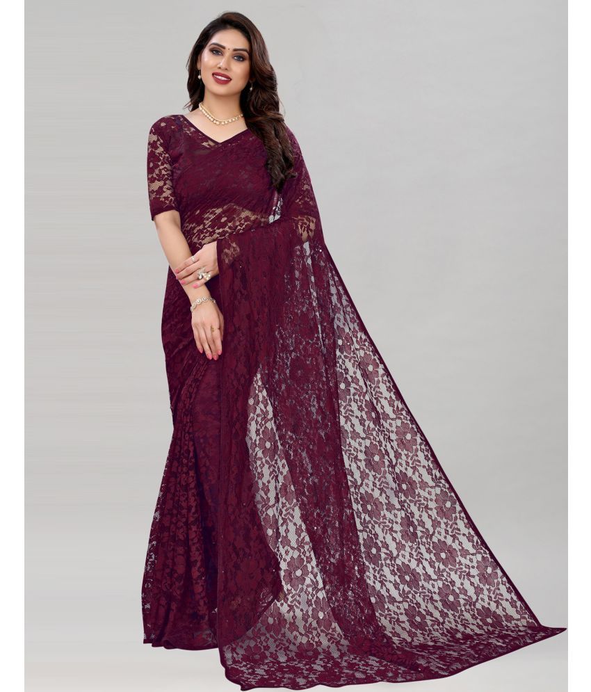     			Samah Net Self Design Saree With Blouse Piece - Wine ( Pack of 1 )