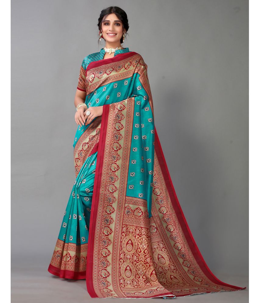     			Samah Silk Printed Saree With Blouse Piece - Turquoise ( Pack of 1 )