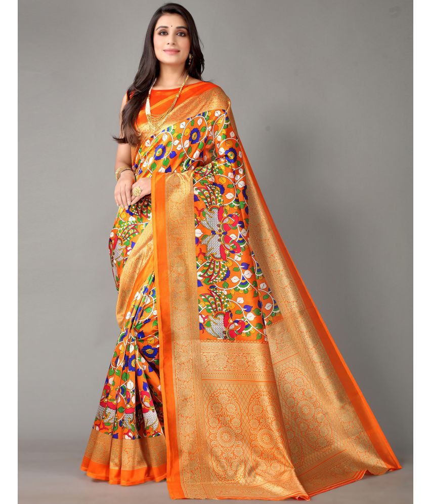     			Samah Silk Printed Saree With Blouse Piece - Orange ( Pack of 1 )
