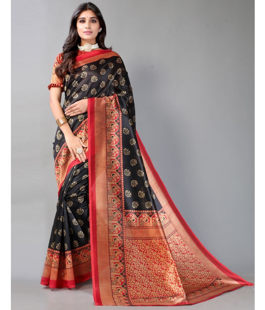     			Samah Silk Printed Saree With Blouse Piece - Black ( Pack of 1 )