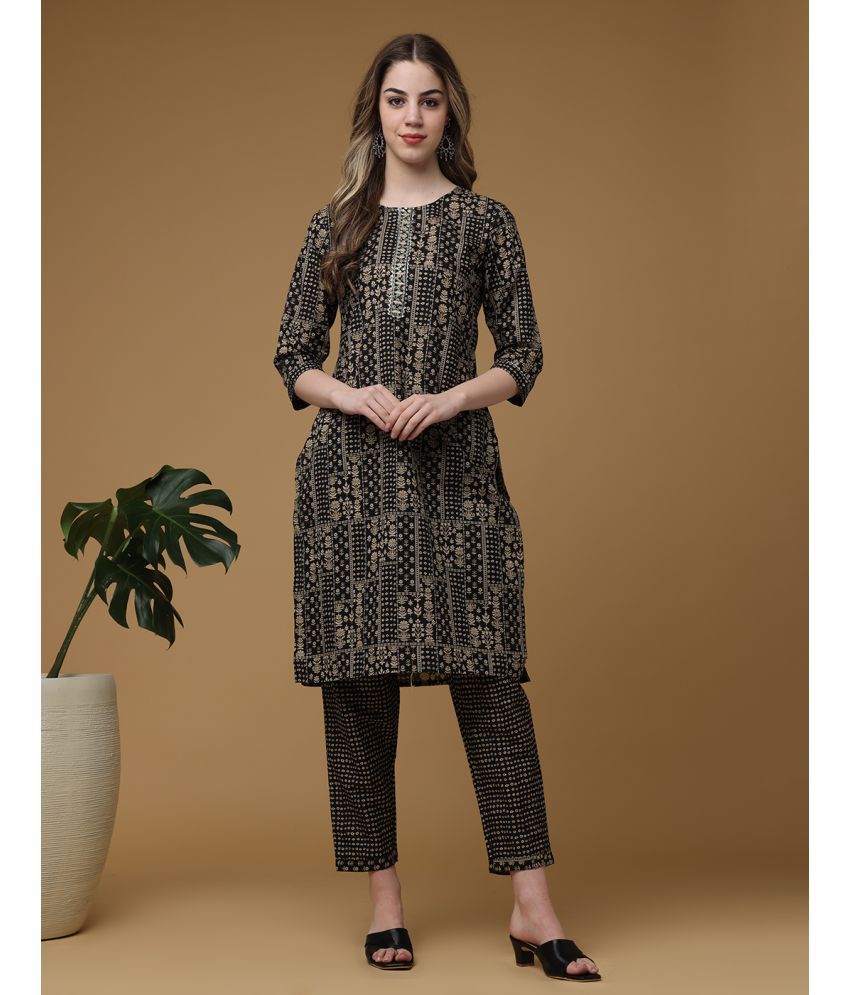     			Sanmatti Cotton Printed Kurti With Pants Women's Stitched Salwar Suit - Black ( Pack of 1 )
