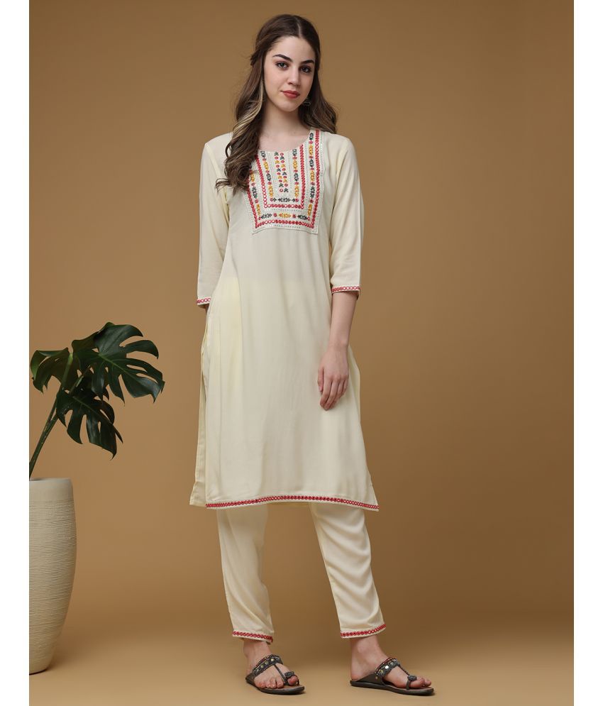     			Sanmatti Rayon Embroidered Kurti With Pants Women's Stitched Salwar Suit - Cream ( Pack of 1 )