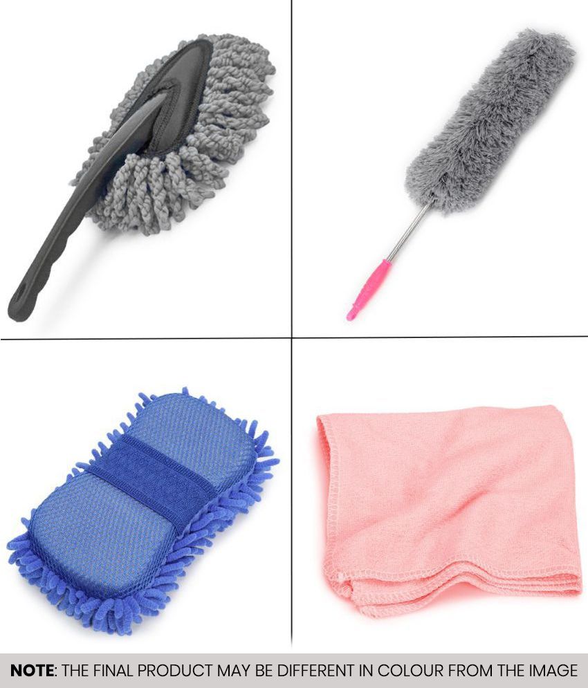     			HOMETALES - Car Cleaning Combo Of Microfiber Sponge , Mini Duster, Feather Duster And Microfiber Cloth 40*40 CM 250GSM for car accessories(Pack Of 4 )