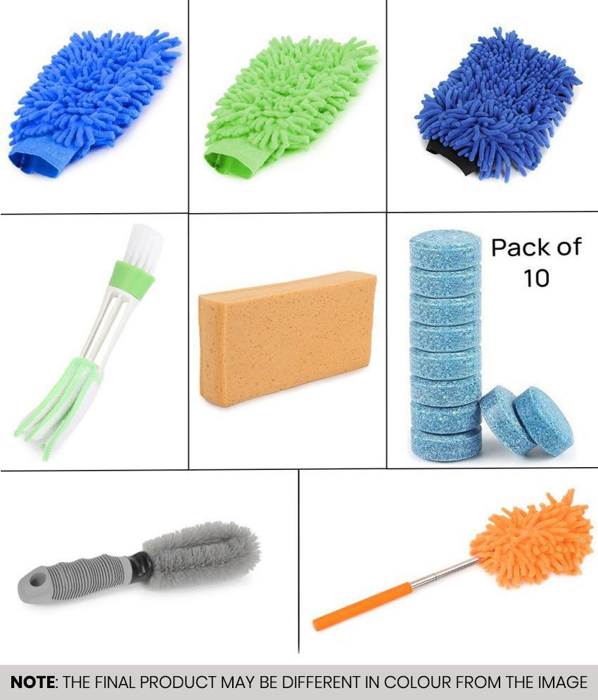     			HOMETALES - Car Cleaning Combo Of Microfiber Gloves ,Rim Brush ,Ac Vent Brush ,Sponge , Dual Sided Gloves Mini Extendable Duster,Cellulose Sponge And Glass Cleaning Tablet for car accessories( Pack Of 17 )