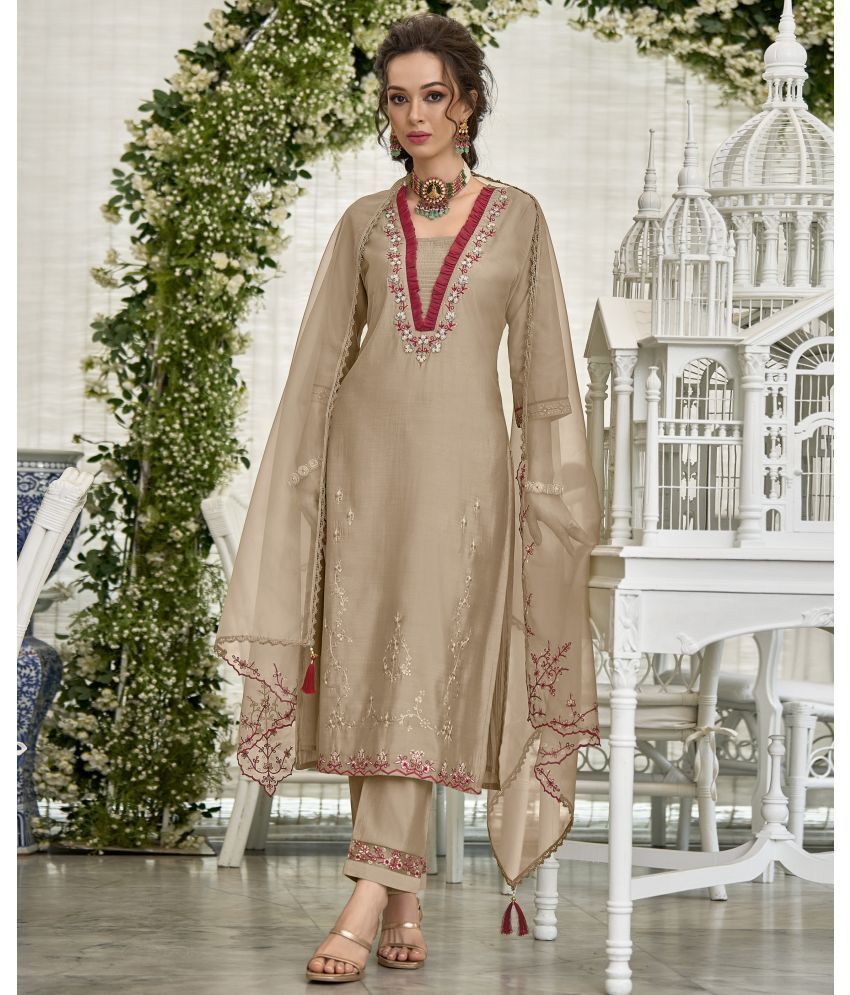     			MOJILAA Silk Embroidered Kurti With Pants Women's Stitched Salwar Suit - Beige ( Pack of 1 )