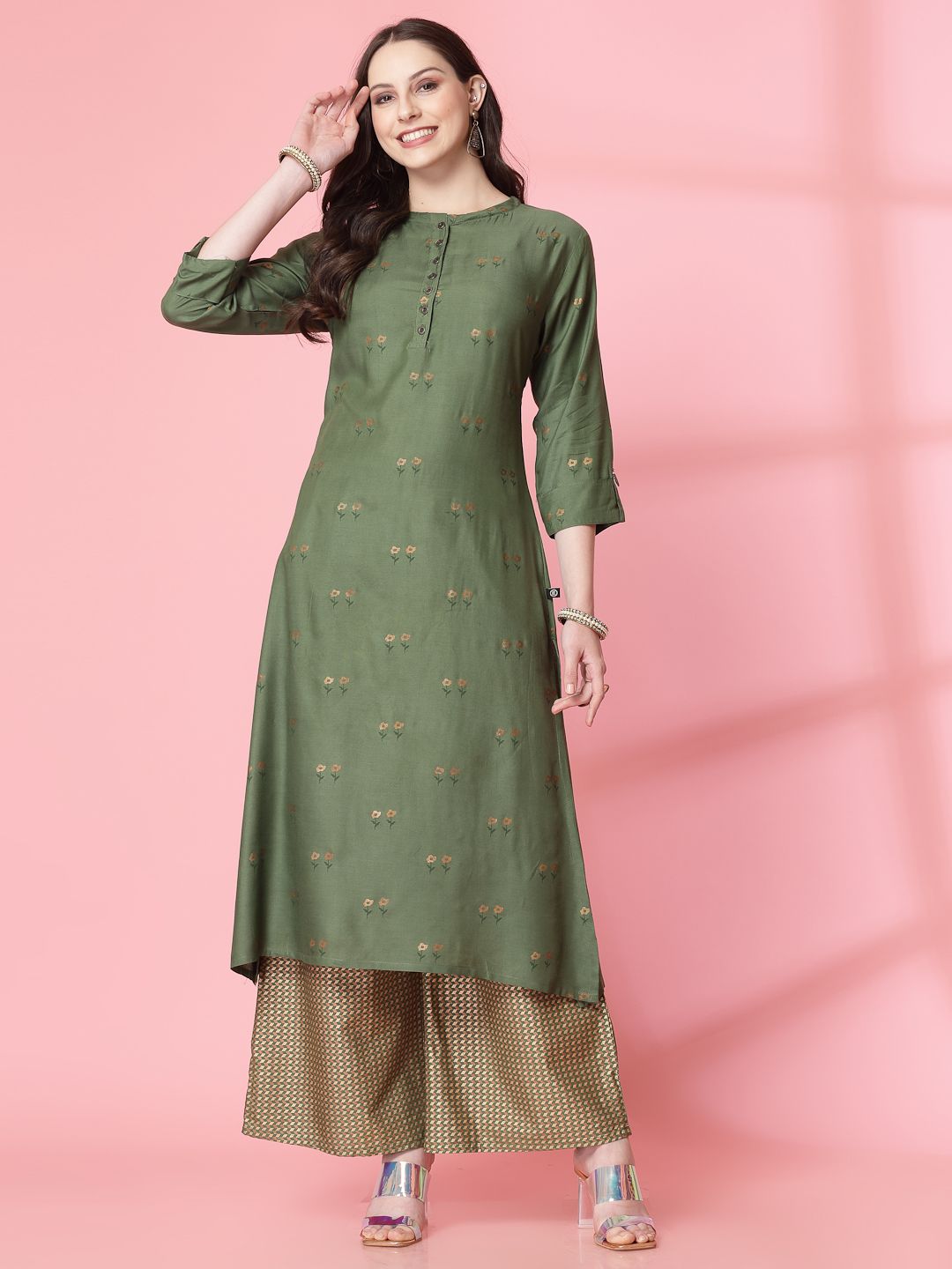     			Pistaa Viscose Printed Kurti With Palazzo Women's Stitched Salwar Suit - Green ( Pack of 1 )