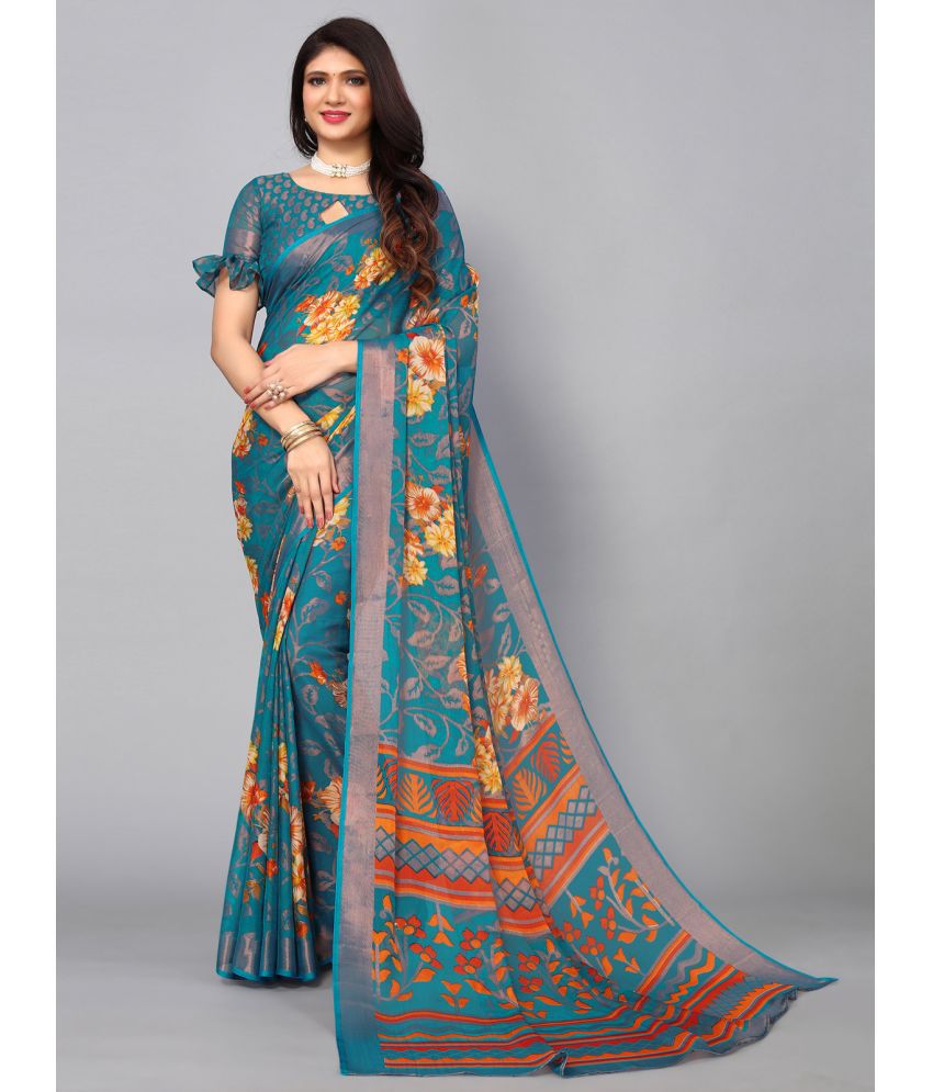     			Samah Brasso Printed Saree With Blouse Piece - Sea Green ( Pack of 1 )