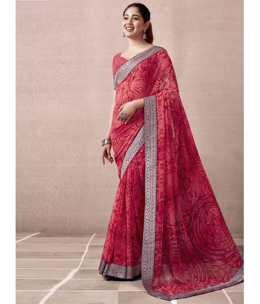     			Samah Georgette Dyed Saree With Blouse Piece - Red ( Pack of 1 )