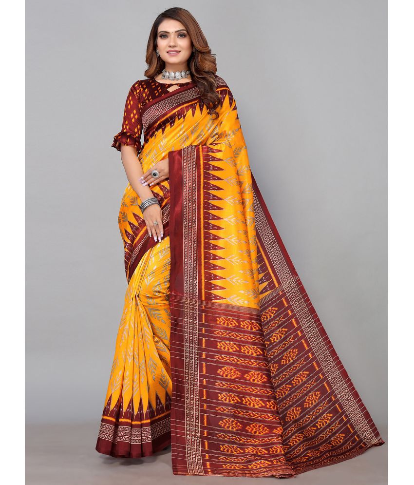     			Samah Silk Printed Saree With Blouse Piece - Yellow ( Pack of 1 )