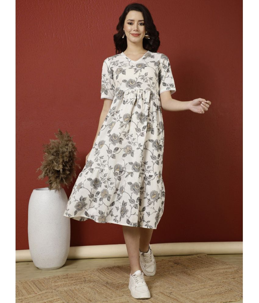     			Antaran Cotton Printed Knee Length Women's Fit & Flare Dress - White ( Pack of 1 )