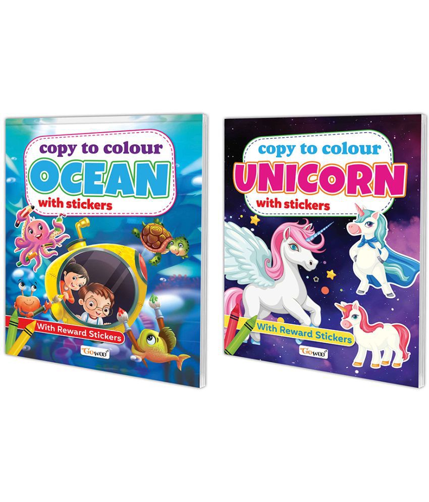     			Copy to Colour Ocean and Unicorn with Stickers book for kids (Ages 3-12) : Copy colouring book, Children's creative colouring book, Colouring book for kids | Pack of 2 copy to colour book for kids with Stickers.