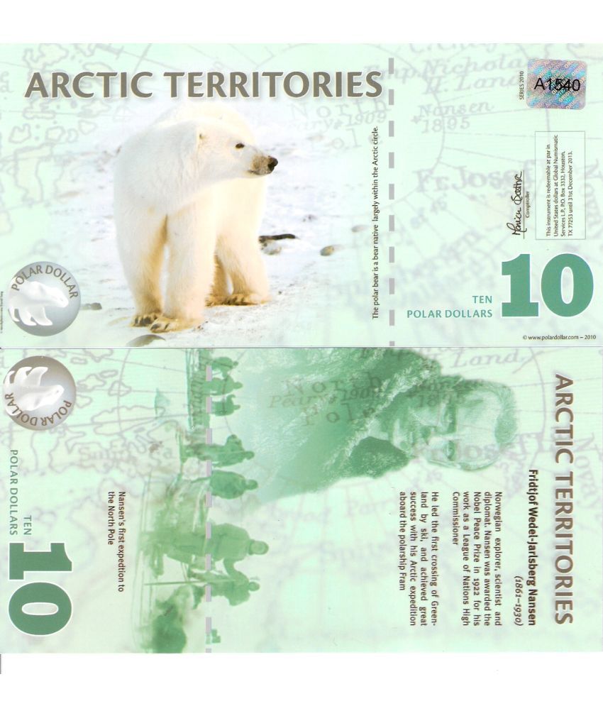     			Extremely Rare Arctic Territories 10 Polar Dollars Polymer Fantasy Note Top Grade Gem UNC