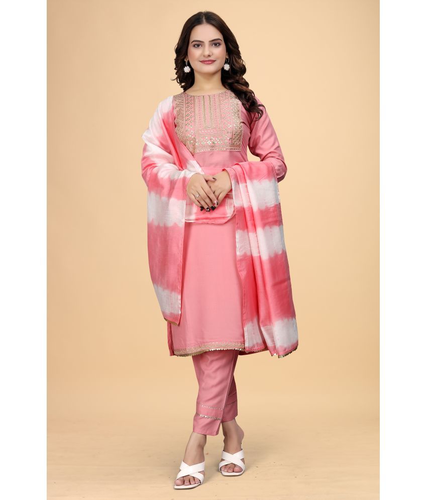     			Kandora Rayon Embroidered Kurti With Pants Women's Stitched Salwar Suit - Peach ( Pack of 1 )