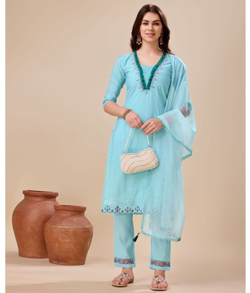     			MOJILAA Silk Embroidered Kurti With Pants Women's Stitched Salwar Suit - Light Blue ( Pack of 1 )