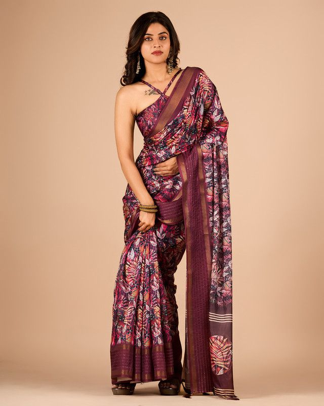     			Sanwariya Silks Cotton Blend Printed Saree With Blouse Piece - Wine ( Pack of 1 )