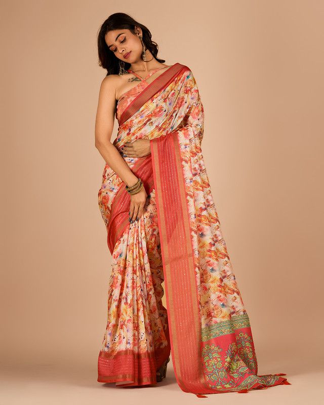     			Sanwariya Silks Cotton Blend Printed Saree With Blouse Piece - Orange ( Pack of 1 )